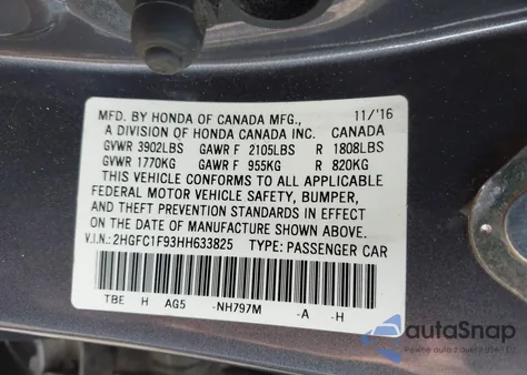 2017 Honda Civic Touring из США, поврежденный, VIN 2HGFC1F93HH633825